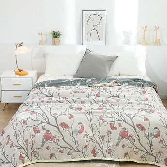 Hawthorn Tree Bird Cotton Reversible Quilt