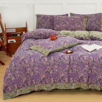 Boho Flower Purple Cotton Bedding Sets(4PCS)