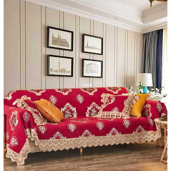 European Rose Manor Golden Lace Red Sofa Cover