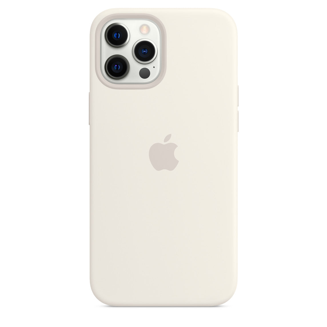 An Apple iPhone 12 Series silicone case in white with MagSafe technology, showcasing the back side of the phone with the camera and Apple logo visible.