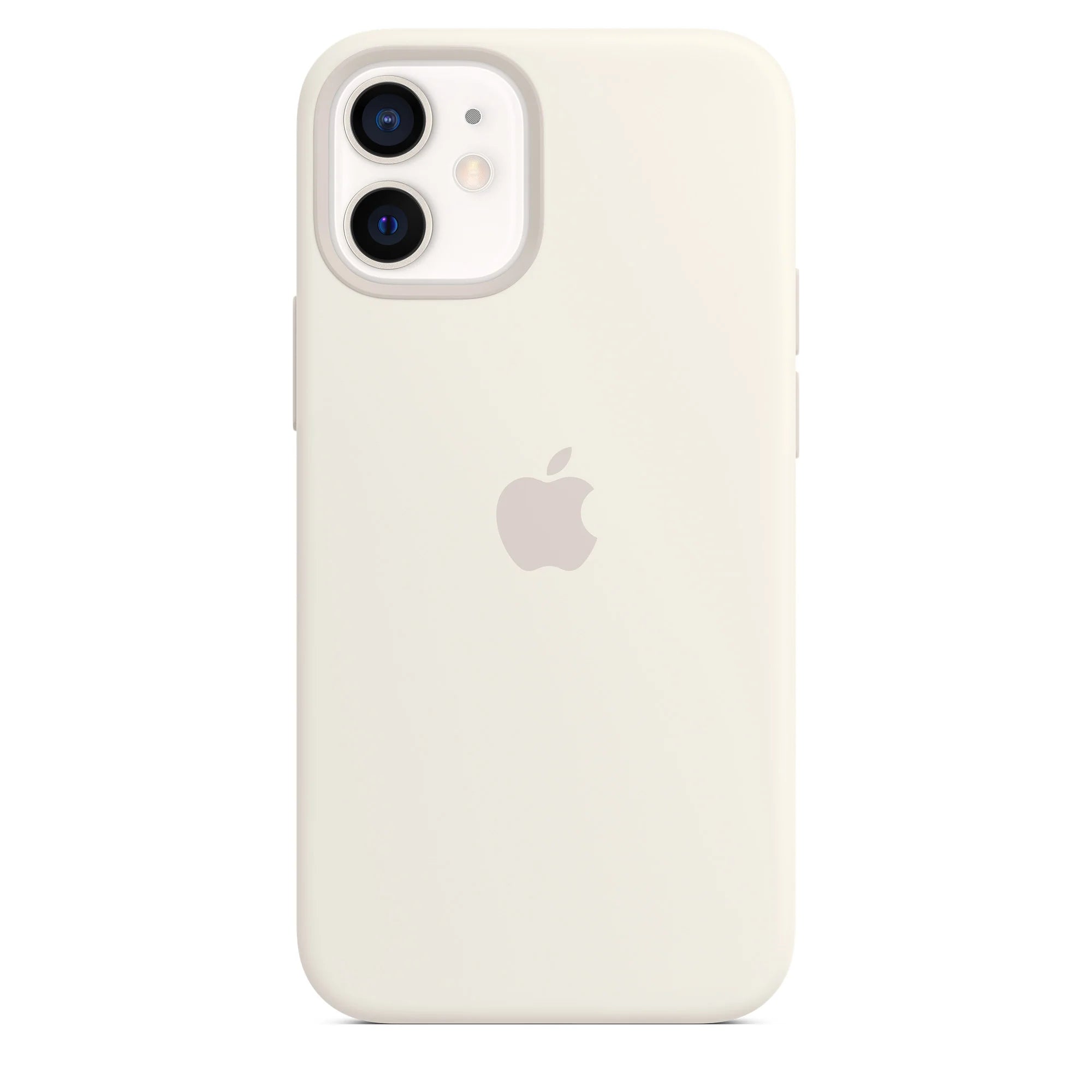 An Apple iPhone 12 Series silicone case in a light beige color with MagSafe technology.