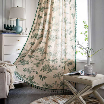 Homeheil Green Pine Bird Pattern Tassel Curtain