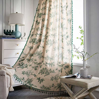 Homeheil Green Pine Bird Pattern Tassel Curtain